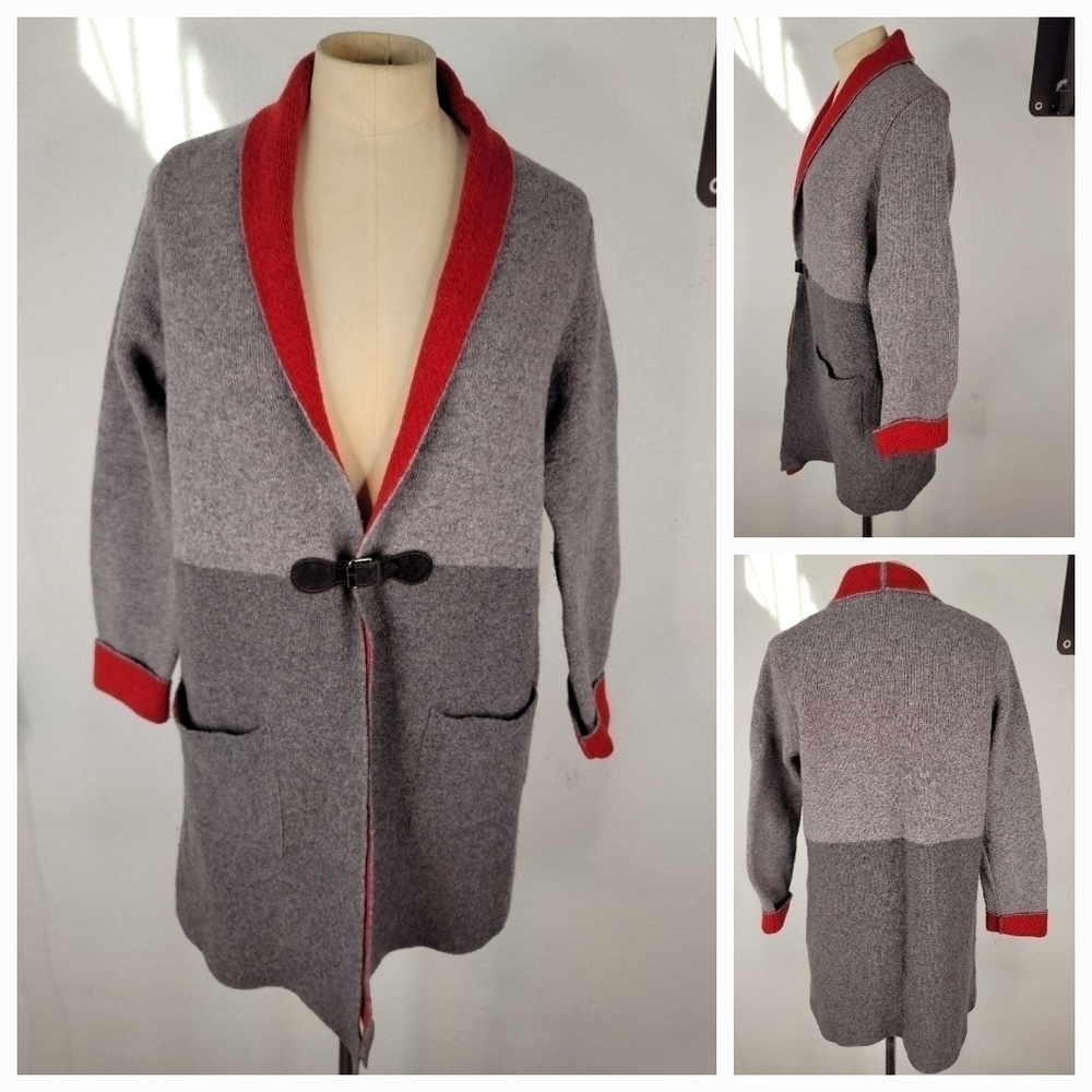 A.Ida Sz M Wool Cardigan Sweater Buckle Accent Gray Red Italy